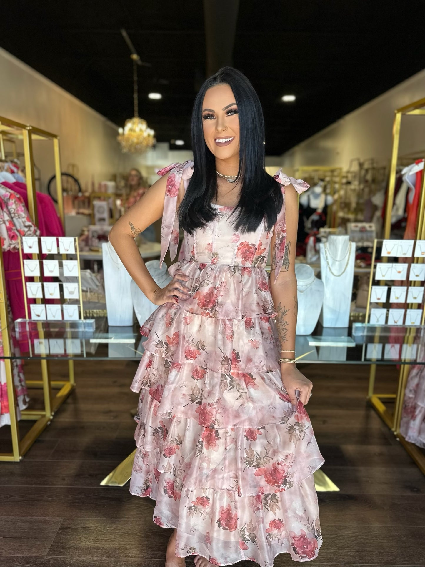 BOUTIQUE DELILAH DRESS PINK FRONT ON MODEL