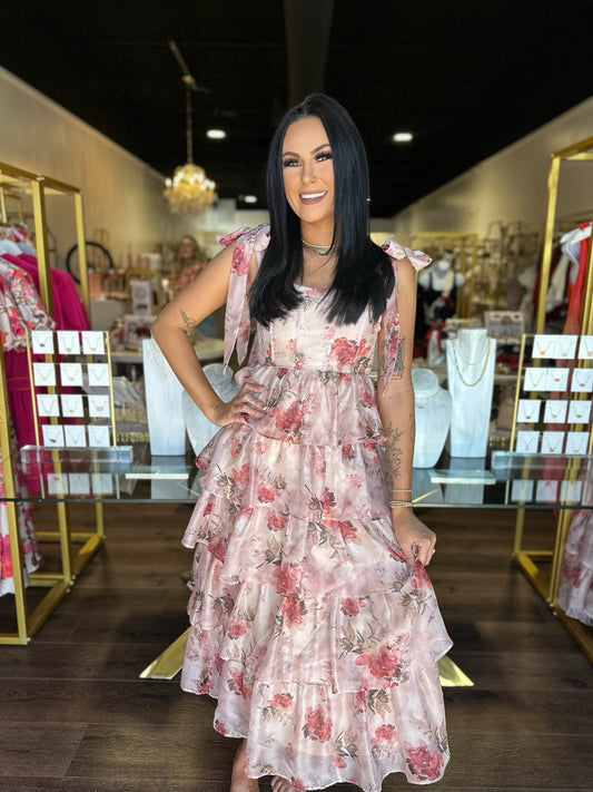 BOUTIQUE DELILAH DRESS PINK FRONT ON MODEL