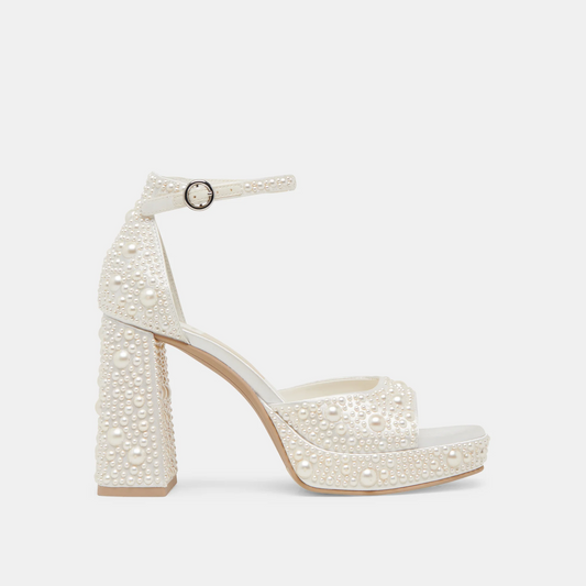 BOUTIQUE DOLCE VITA PANDRO PEARL HEELS TRUE WHITE SATIN SIDE