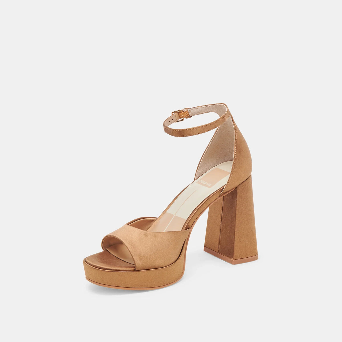 DOLCE VITA Pandro Heels in Mid Brown Satin, front angle alternate view.