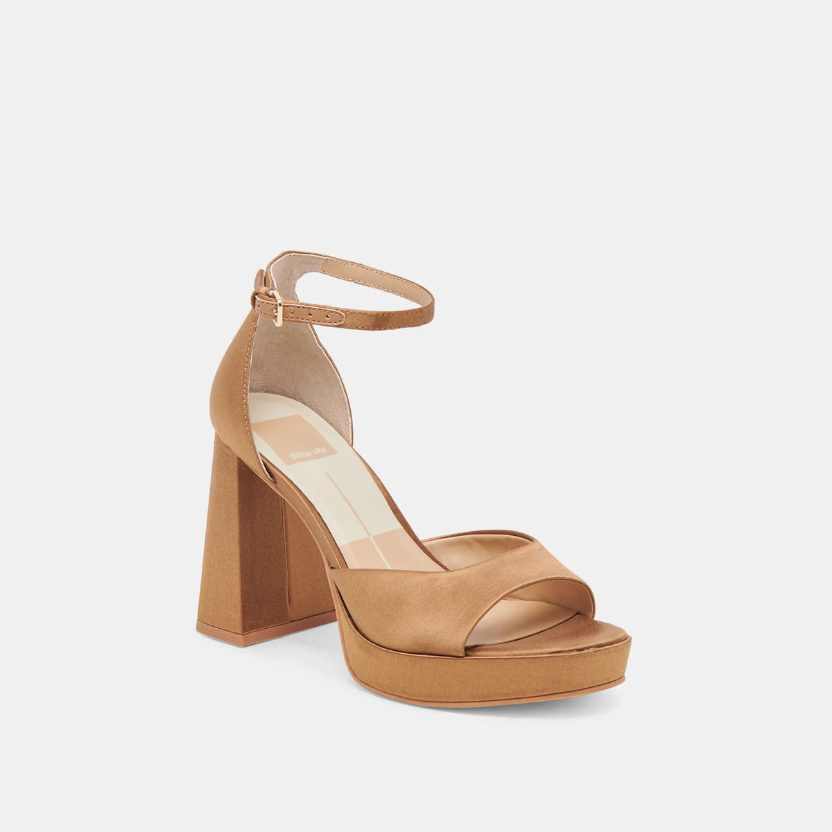 DOLCE VITA Pandro Heels in Mid Brown Satin, front angle view.