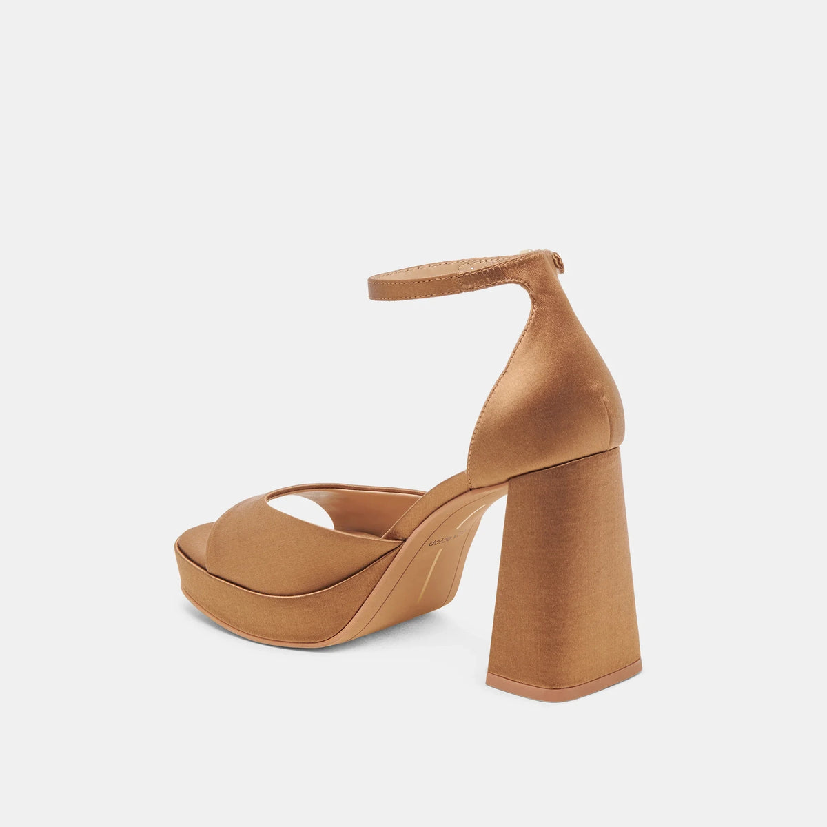 DOLCE VITA Pandro Heels in Mid Brown Satin, rear angle view.