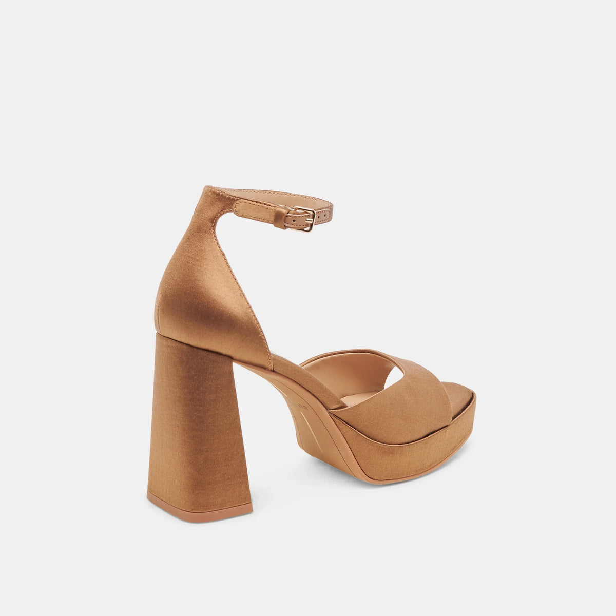 DOLCE VITA Pandro Heels in Mid Brown Satin, side angle view.