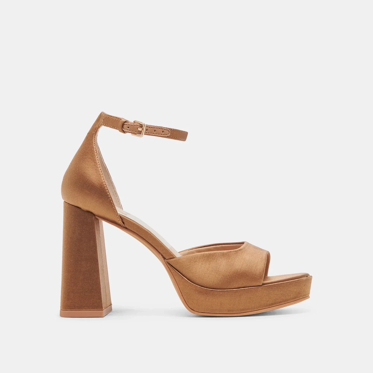 DOLCE VITA Pandro Heels in Mid Brown Satin, side view.