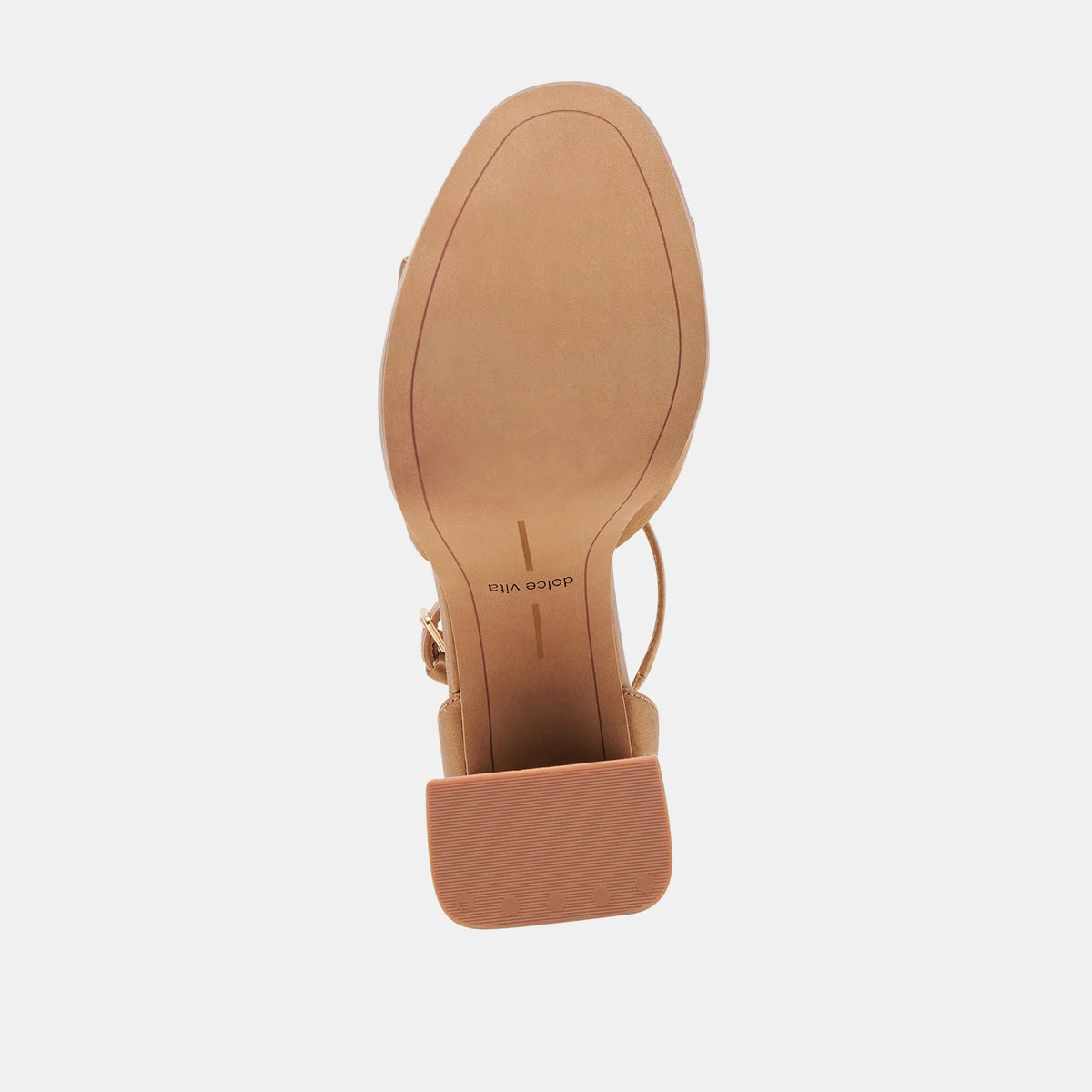 DOLCE VITA Pandro Heels in Mid Brown Satin, outsole view.