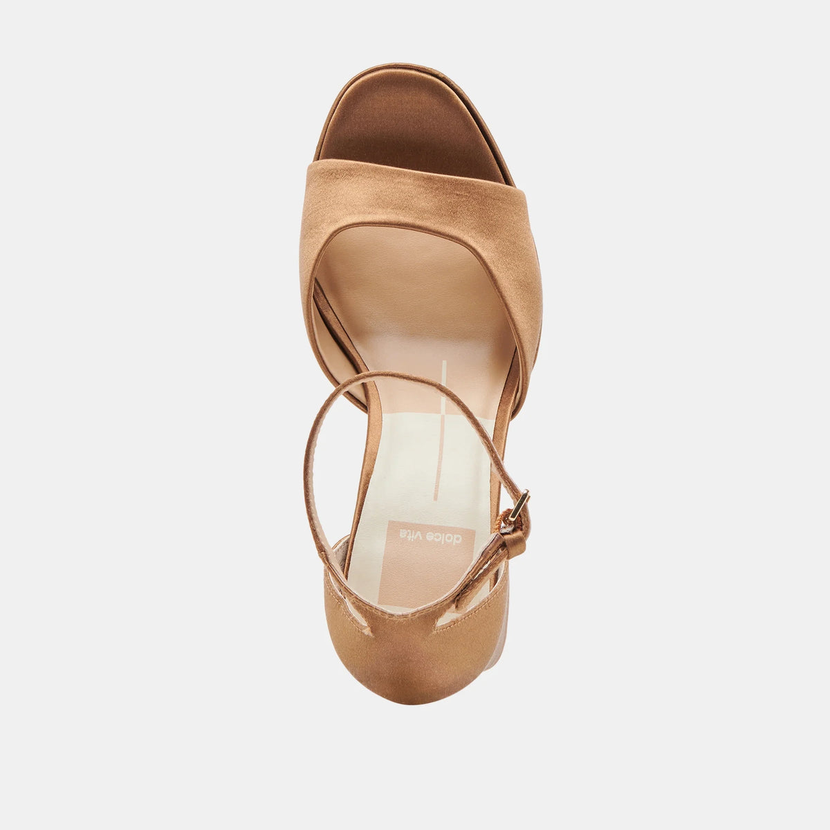 DOLCE VITA Pandro Heels in Mid Brown Satin, top view.