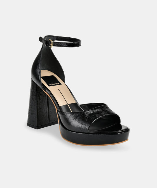 DOLCE VITA Pandro Heels in Midnight Crinkle Patent, front angle view.