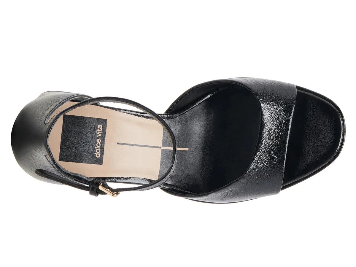 DOLCE VITA Pandro Heels in Midnight Crinkle Patent, top view.