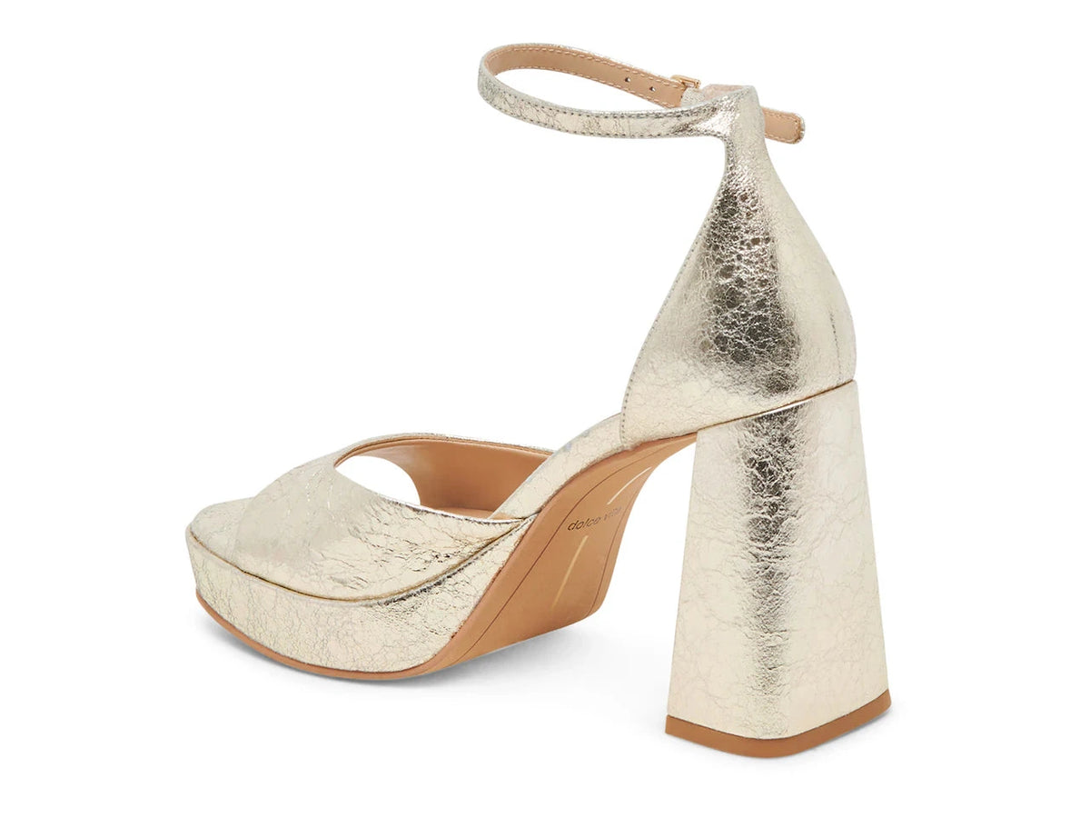 DOLCE VITA Pandro Heels in Platinum Distressed Leather, rear angle alternate view.