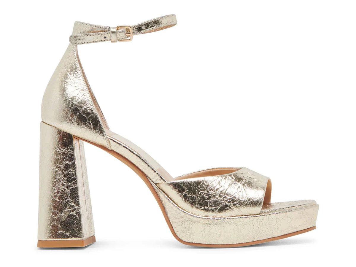 DOLCE VITA Pandro Heels in Platinum Distressed Leather, side view.
