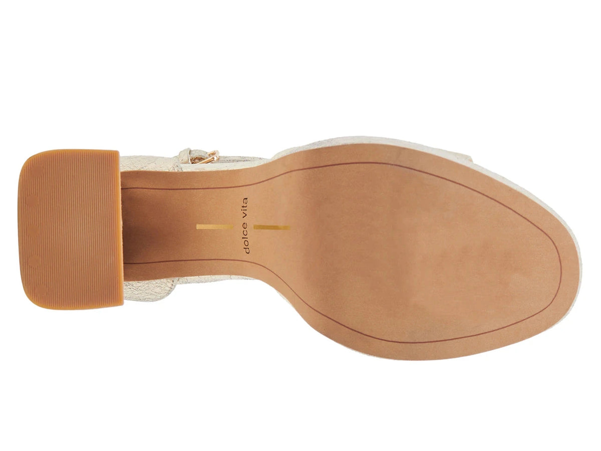 DOLCE VITA Pandro Heels in Platinum Distressed Leather, outsole view.