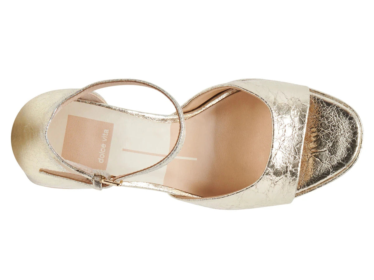 DOLCE VITA Pandro Heels in Platinum Distressed Leather, top view.