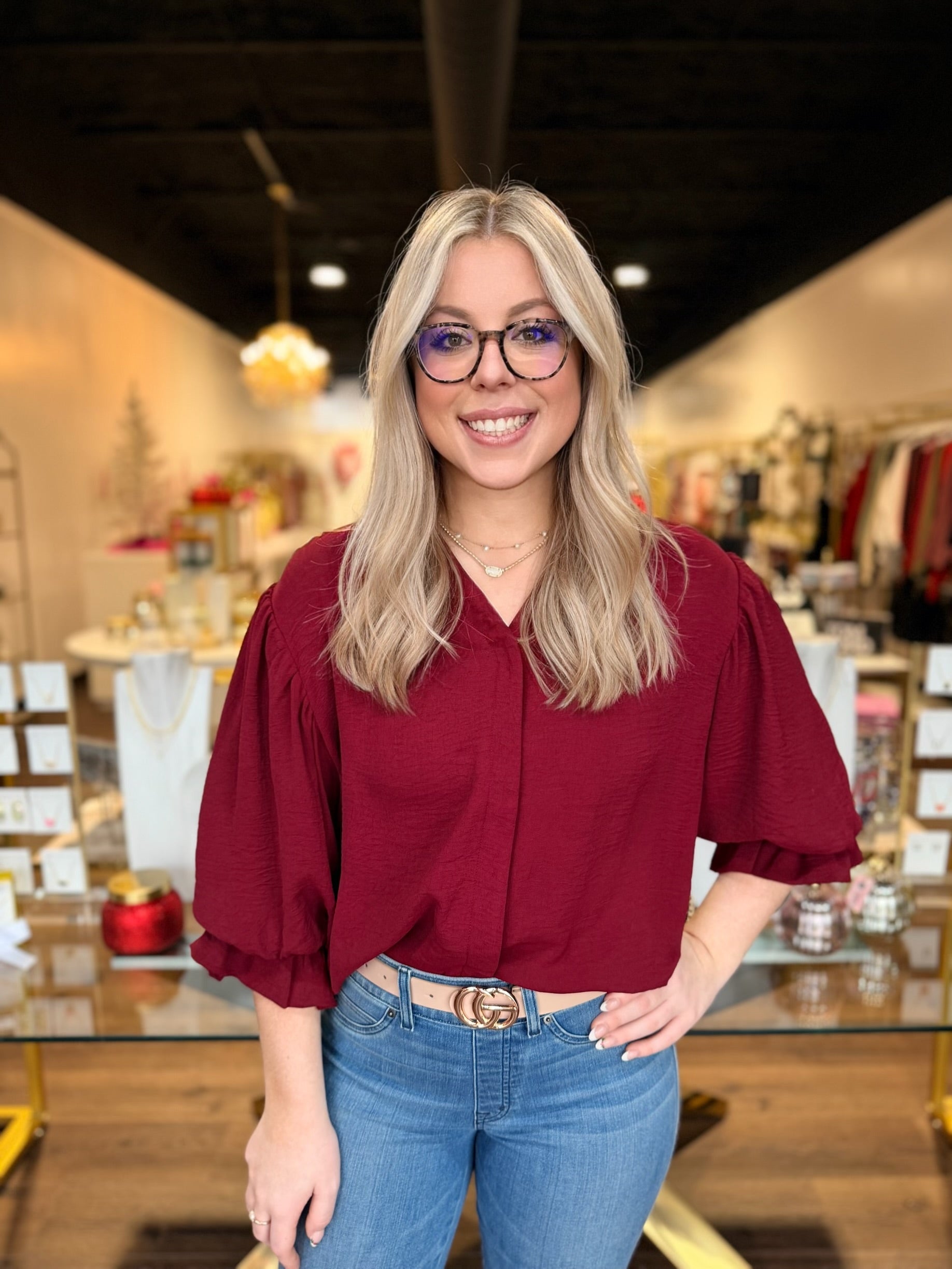 BOUTIQUE EVERYDAY CHARM BLOUSE BURGUNDY ON MODEL