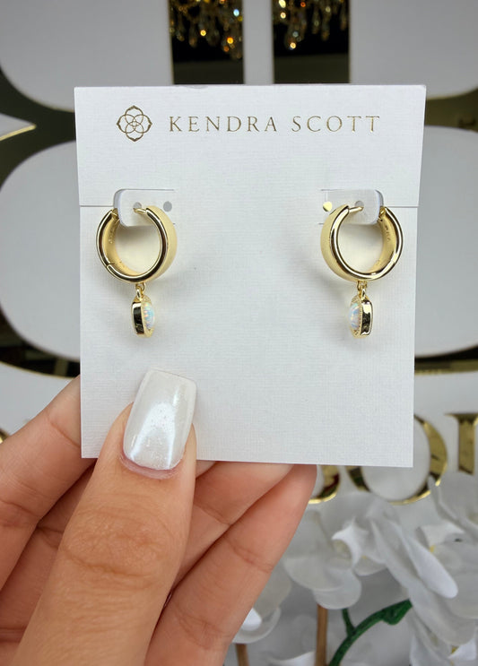 Gold Kendra Scott Huggies with white stones
