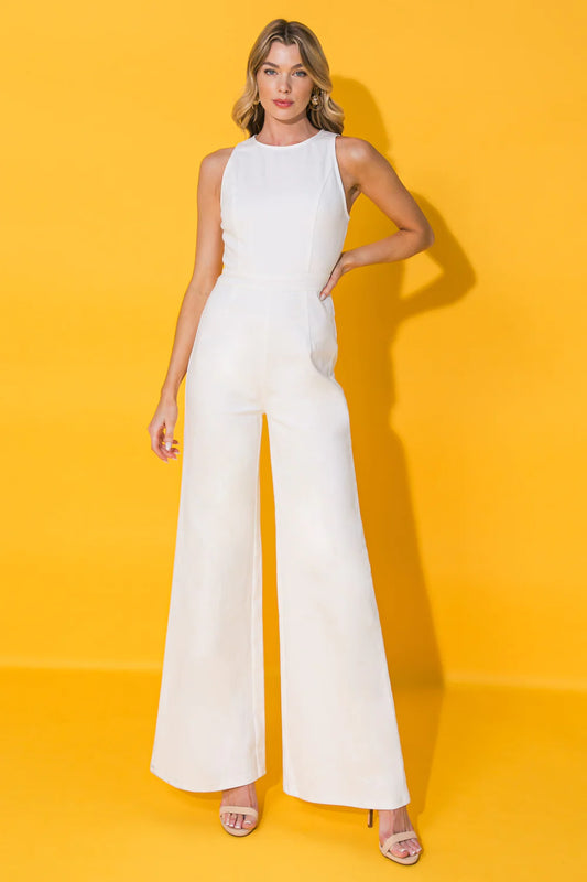 BOUTIQUE FASHIONISTA FOREVER DENIM JUMPSUIT WHITE FRONT