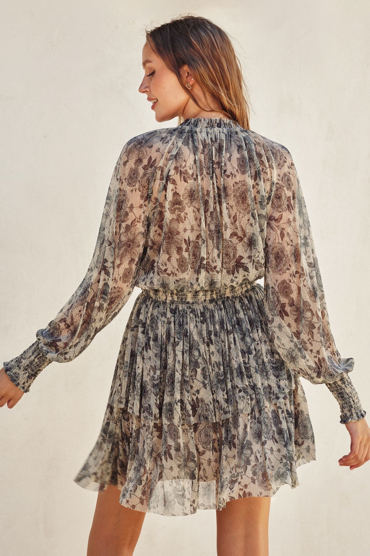 BOUTIQUE FLORAL LUREX CINCHED WAIST MINI DRESS ECLIPSED BLOOM BACK