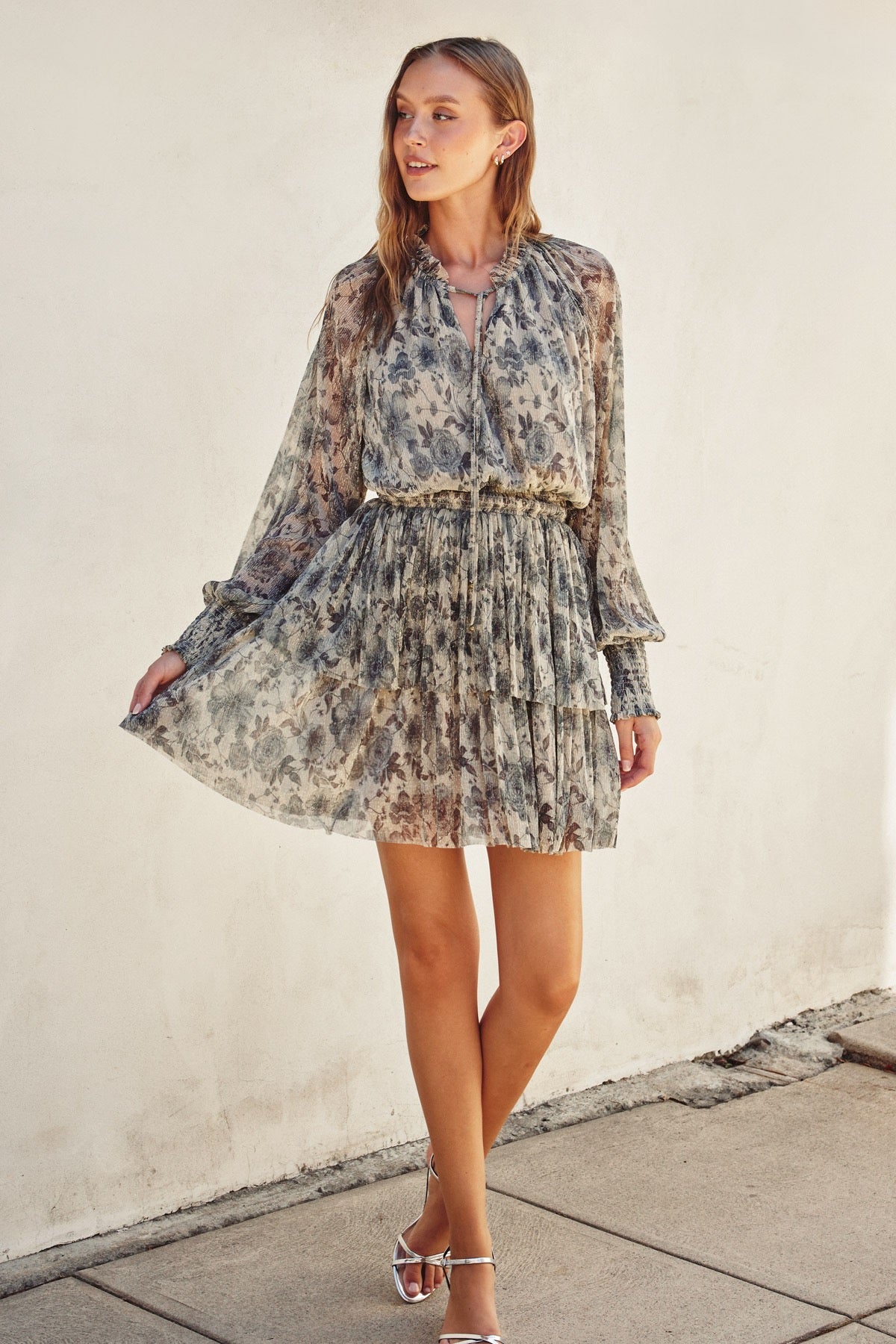 BOUTIQUE FLORAL LUREX CINCHED WAIST MINI DRESS ECLIPSED BLOOM FRONT 2