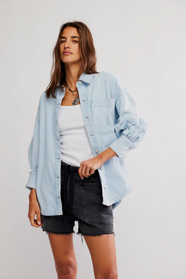 BOUTIQUE FREE PEOPLE ASHLEY DENIM SHIRT CLASSIC BLUE WASH FRONT