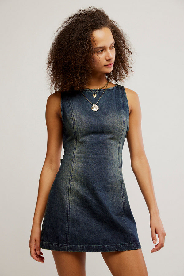 BOUTIQUE FREE PEOPLE ATLAS MINI DRESS VINTAGE INDIGO FRONT