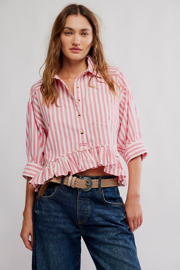 BOUTIQUE FREE PEOPLE BAILEY STRIPE SHIRT CORAL COMBO FRONT