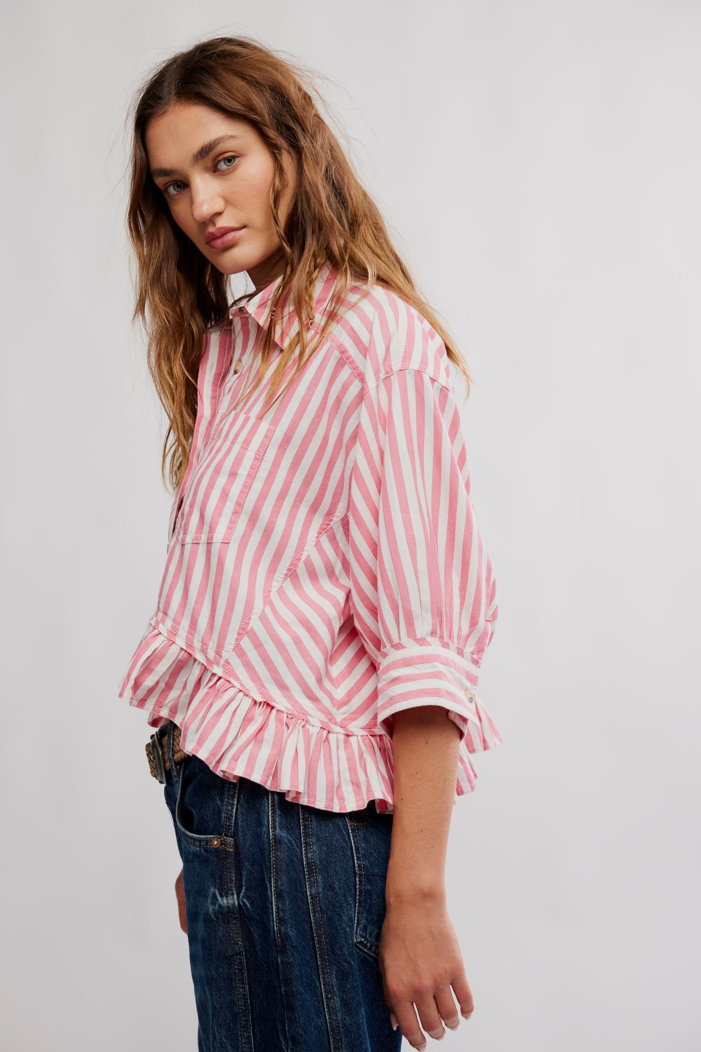 BOUTIQUE FREE PEOPLE BAILEY STRIPE SHIRT CORAL COMBO SIDE