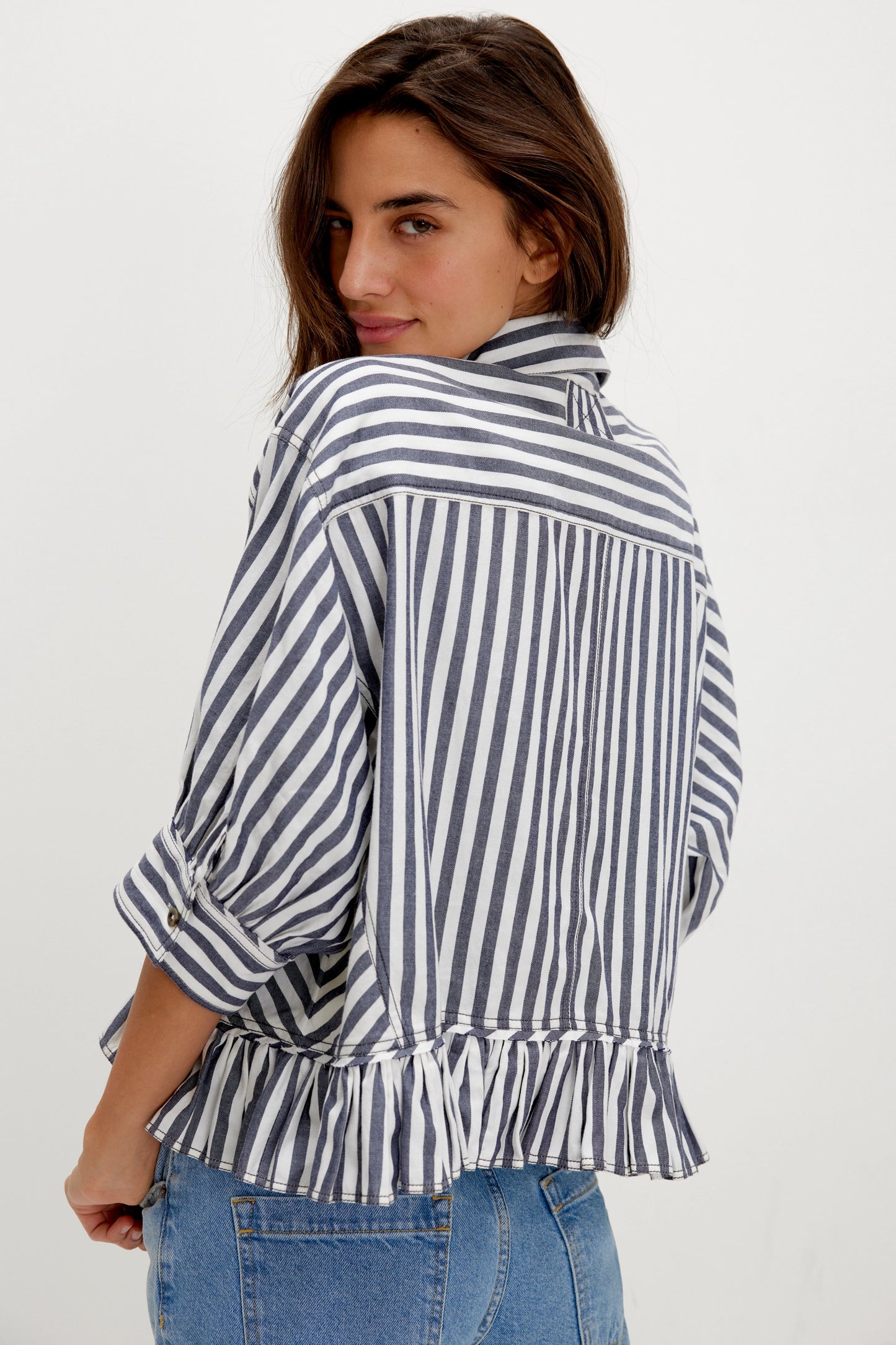 BOUTIQUE FREE PEOPLE BAILEY STRIPE SHIRT NAUTICAL NAVY COMBO BACK