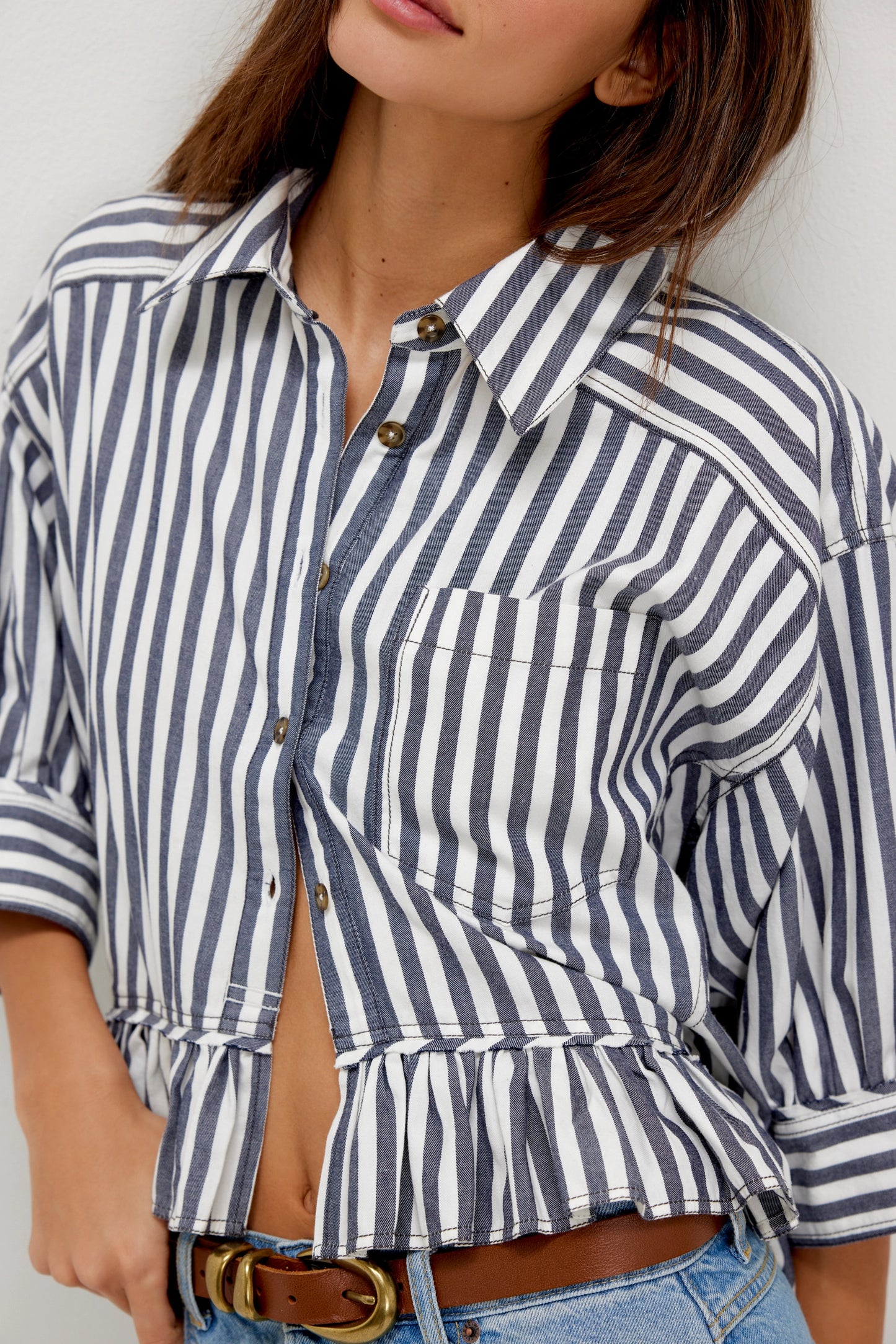 BOUTIQUE FREE PEOPLE BAILEY STRIPE SHIRT NAUTICAL NAVY COMBO FRONT