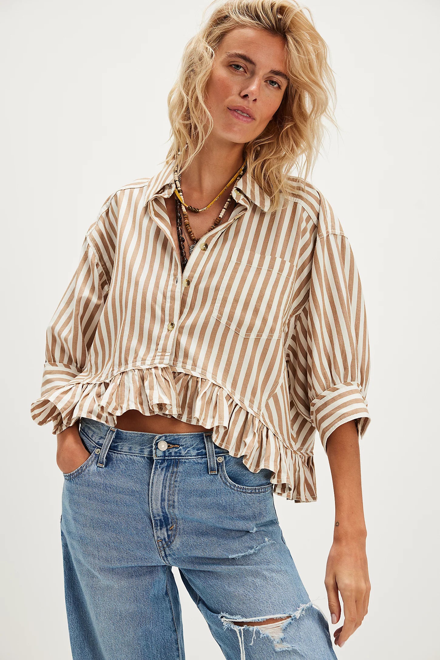 BOUTIQUE FREE PEOPLE BAILEY STRIPE SHIRT NEUTRAL COMBO FRONT