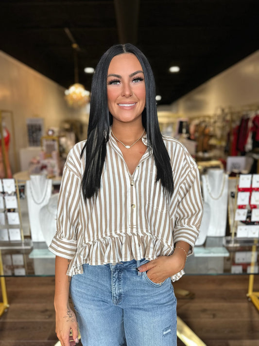 BOUTIQUE FREE PEOPLE BAILEY STRIPE SHIRT NEUTRAL COMBO FRONT ON MODEL