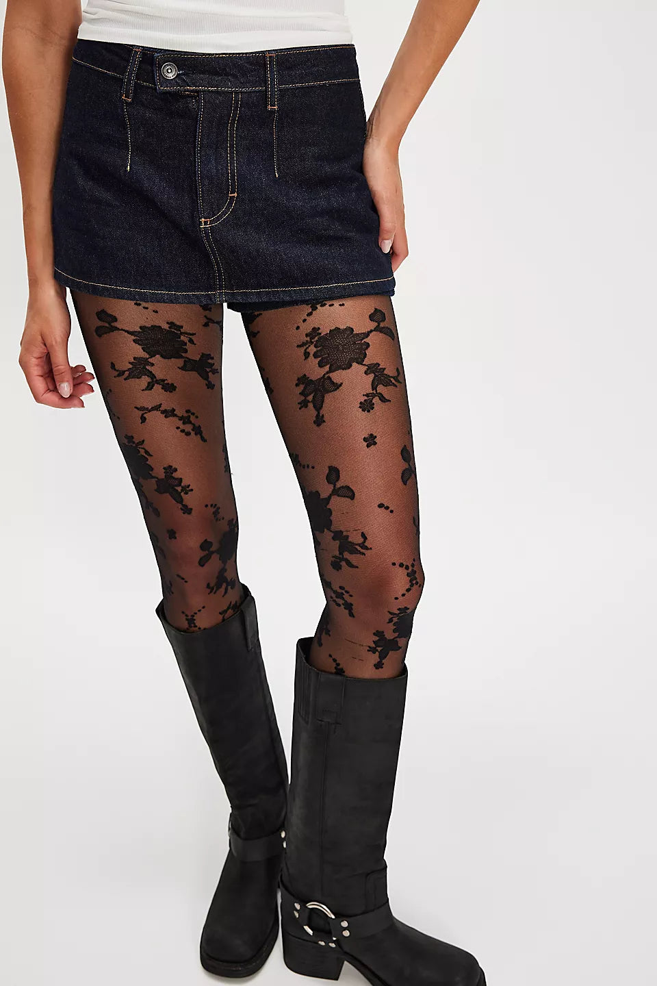 BOUTIQUE FREE PEOPLE FLOCKED FLORAL TIGHTS BLACK COMBO FRONT