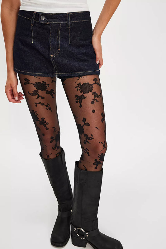 BOUTIQUE FREE PEOPLE FLOCKED FLORAL TIGHTS BLACK COMBO FRONT