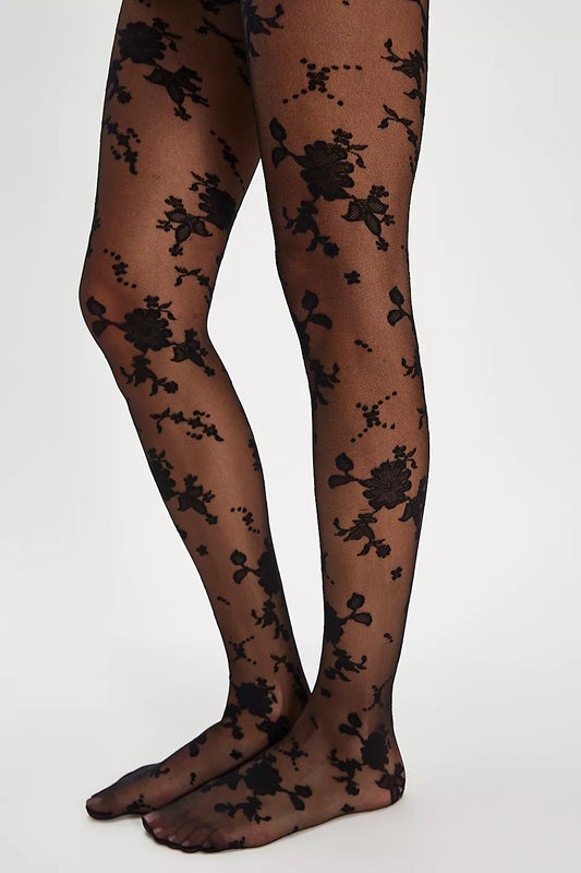 BOUTIQUE FREE PEOPLE FLOCKED FLORAL TIGHTS BLACK COMBO SIDE