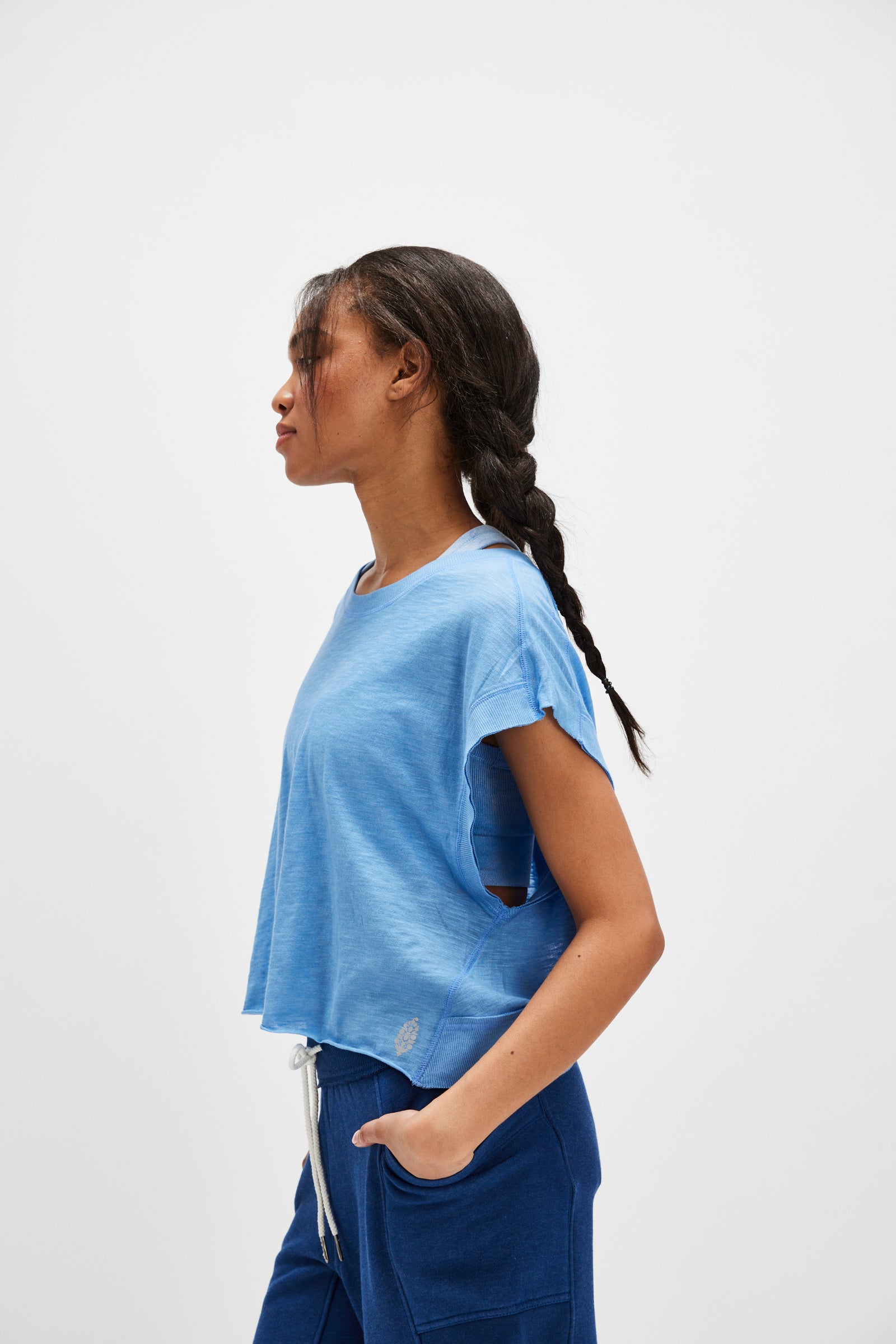 BOUTIQUE FREE PEOPLE MY TIME TEE SIDE DENIM BLUE 