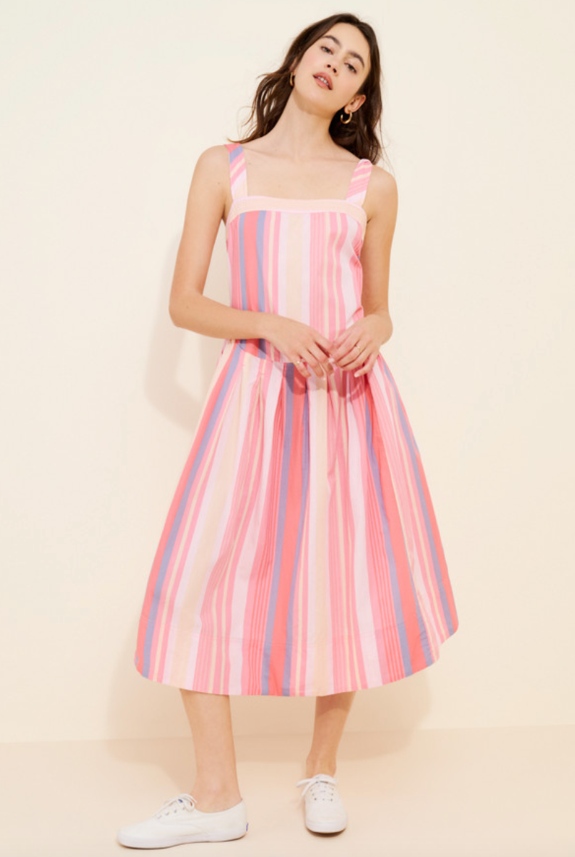 BOUTIQUE FREE PEOPLE PRIMAVERA STRIPED MIDI DRESS STRAWBERRY COMBO FRONT