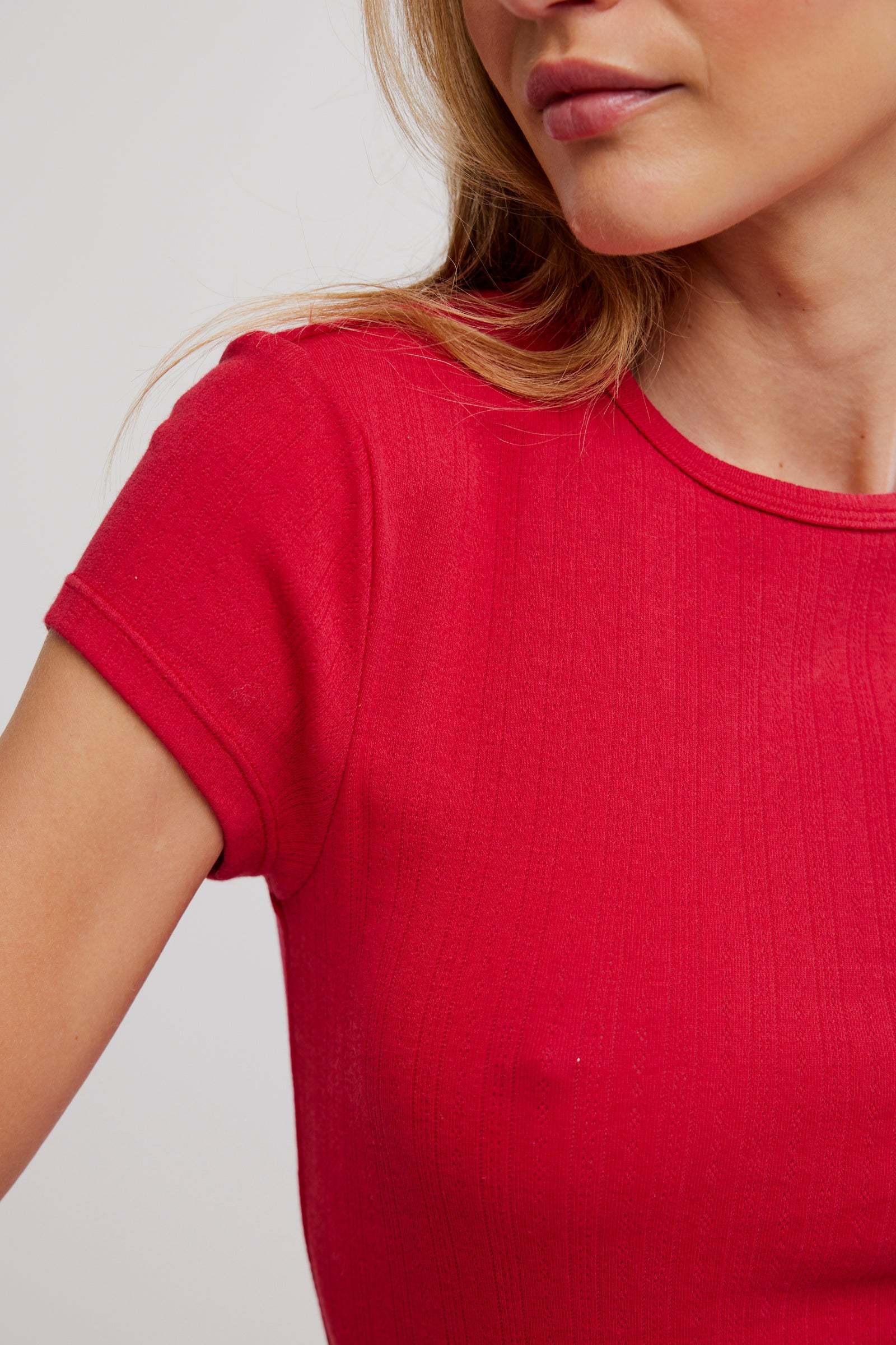 BOUTIQUE FREE PEOPLE WAIT A MINUTE BABY TEE LIPSTICK RED FRONT 2