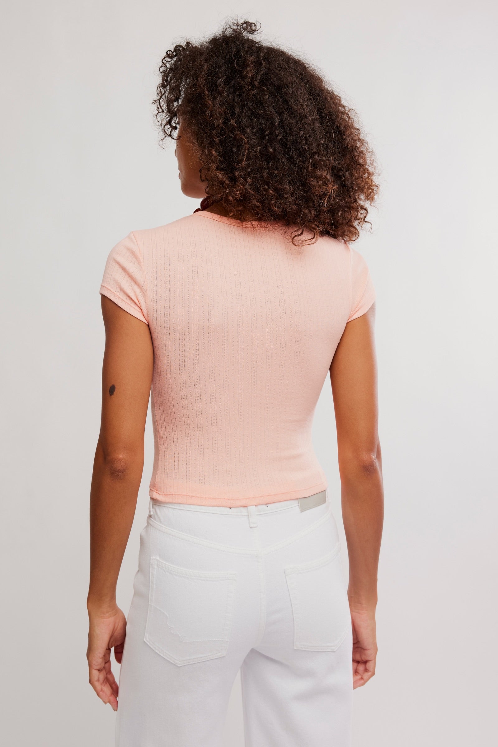 BOUTIQUE FREE PEOPLE WAIT A MINUTE BABY TEE TROPICAL PEACH BACK