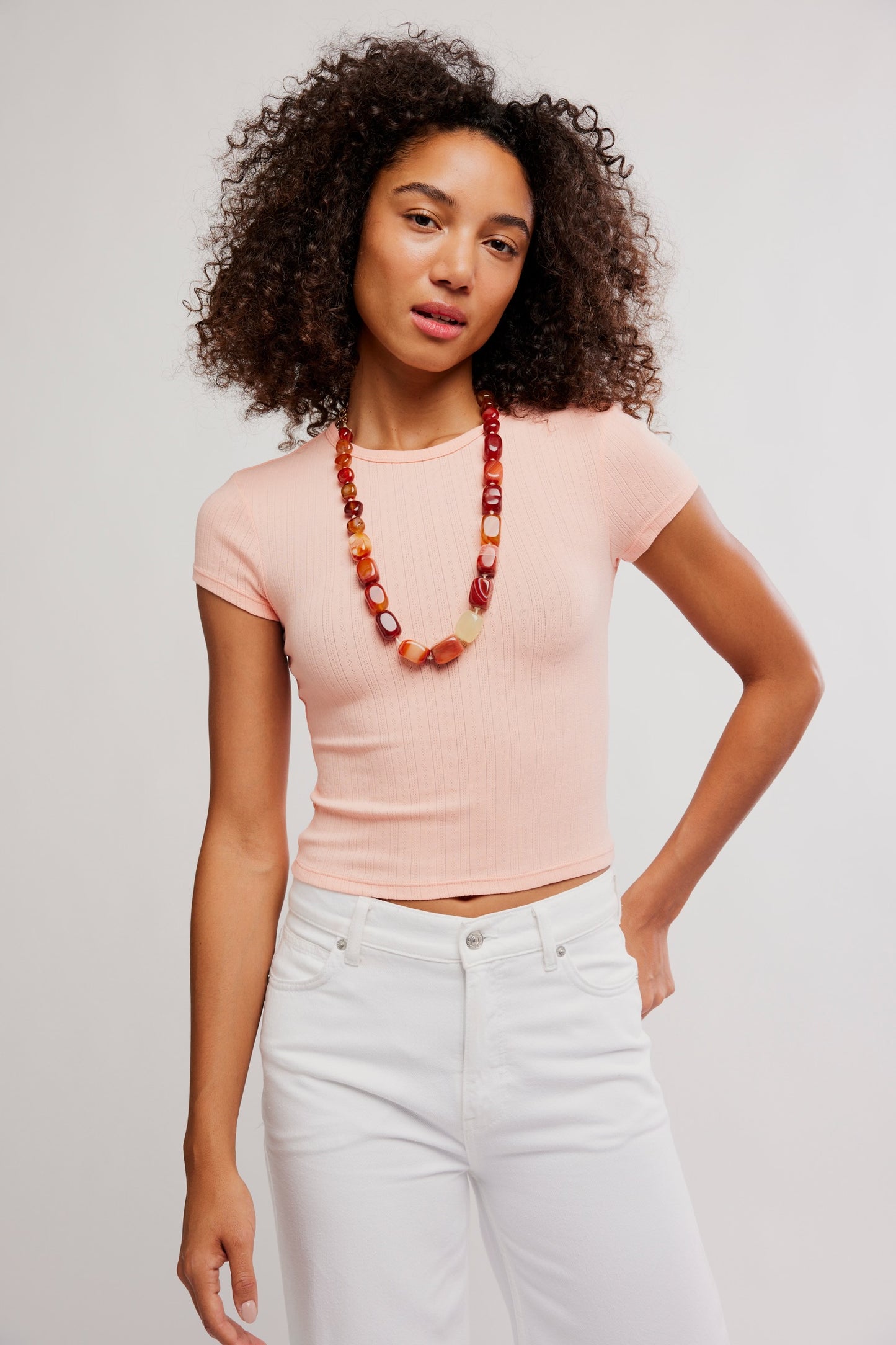 BOUTIQUE FREE PEOPLE WAIT A MINUTE BABY TEE TROPICAL PEACH FRONT