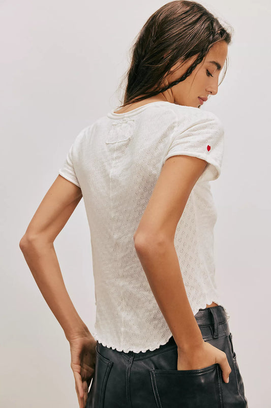 BOUTIQUE FREE PEOPLE WE THE FREE BE MY BABY POINTELLE SHORT SLEEVE TEE BACK IVORY
