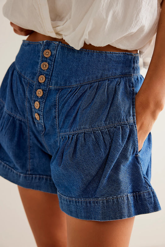 BOUTIQUE FREE PEOPLE WE THE FREE FLEUR DENIM SHORTS TRUE BLUE FRONT 2