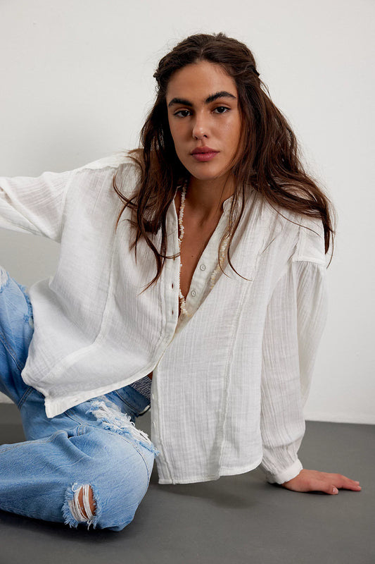 BOUTIQUE FREE PEOPLE WE THE FREE VALLEY DOUBLE CLOTH SHIRT CLEAN IVORY FRONT 2