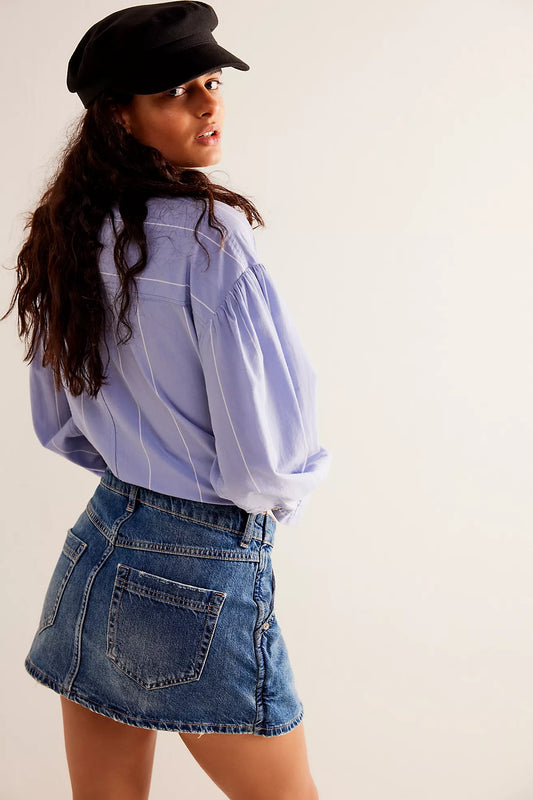 BOUTIQUE FREE PEOPLE WE THE FREE WYNNE DENIM SKIRT CORNFLOWER SIDE