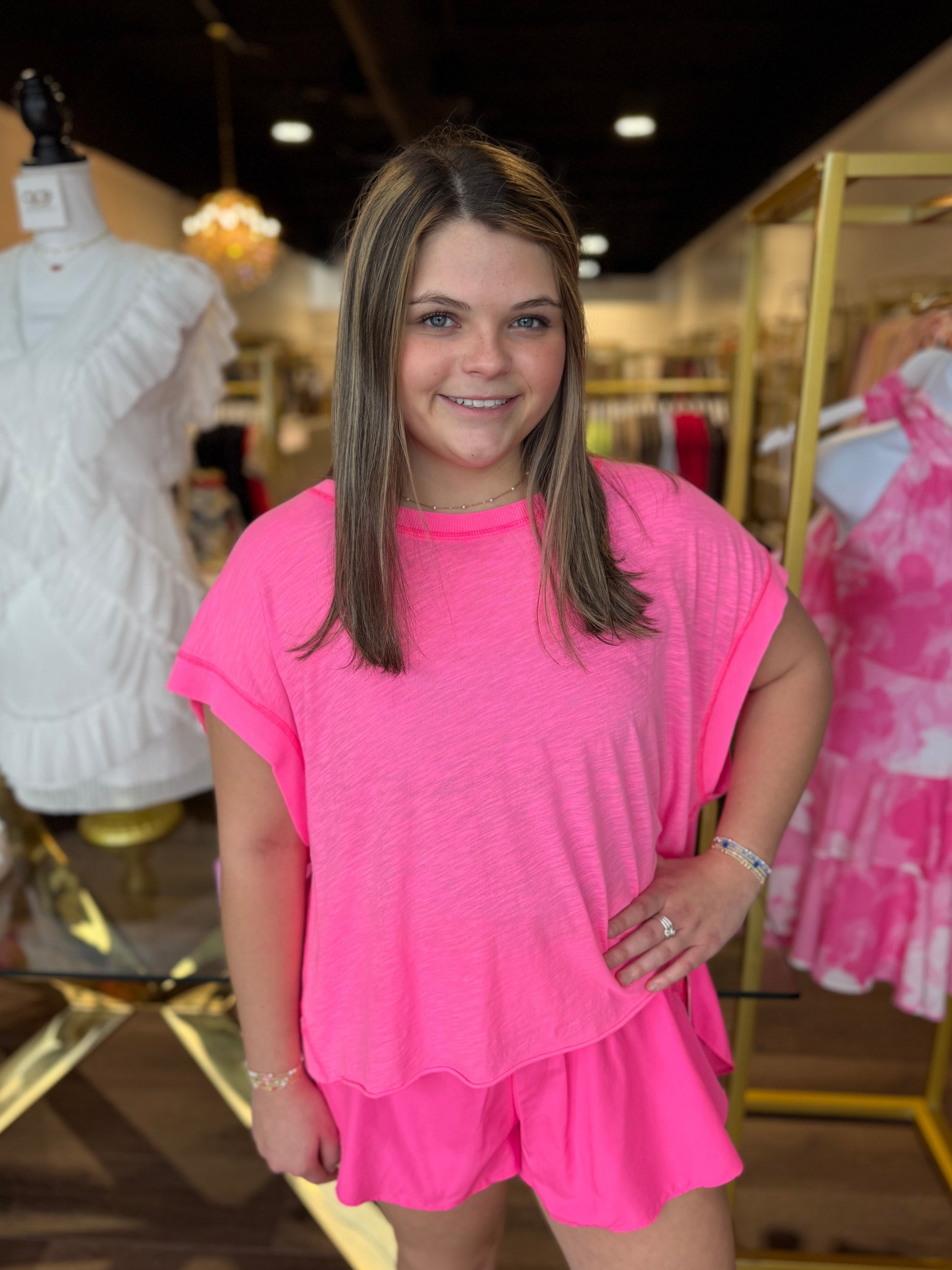 Model in Free People Movement My Time Tee in Hot Pink at Britique Boutique in Bonaire, Georgia
