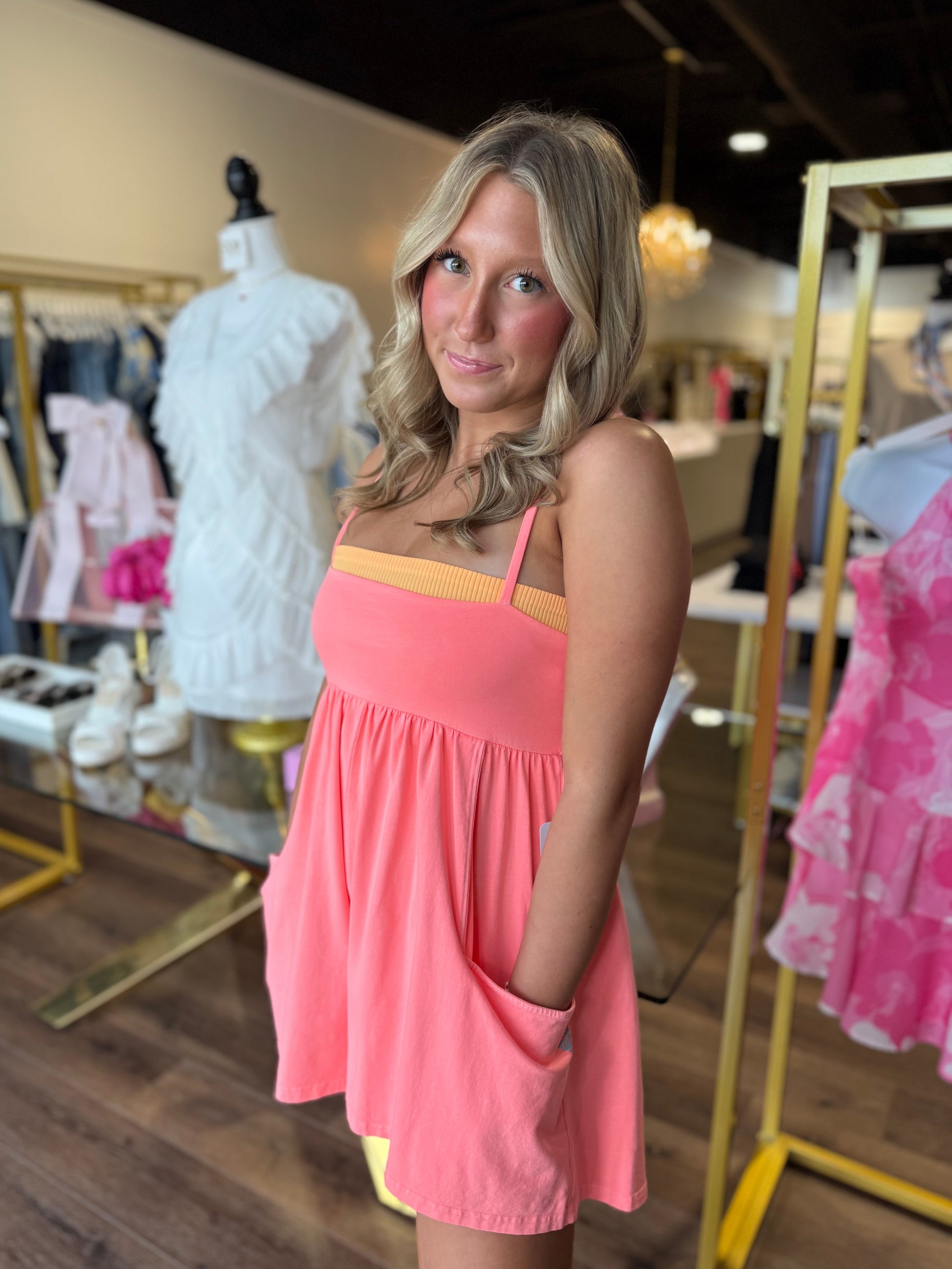 Model in Free People Strappy Romper in Just Peachy at Britique Boutique in Bonaire, Georgia