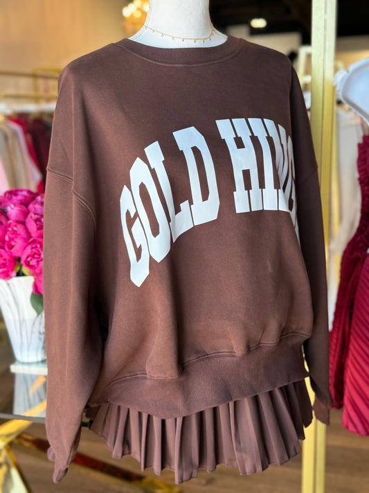 Gold Hinge Dark Brown look featuring a pleated tennis skirt and GH wide arm sweatshirt