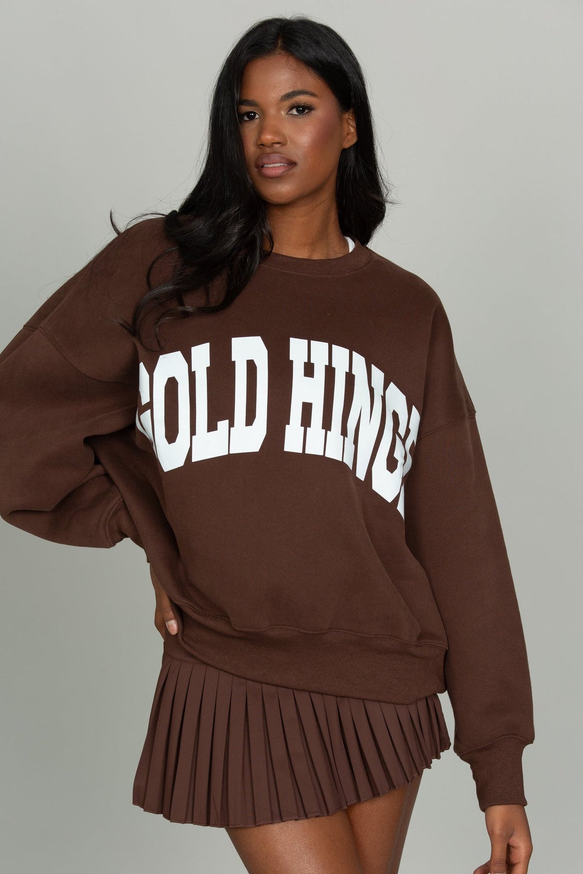Close-up front view of Gold Hinge GH Wide Arm Sweatshirt in Dark Brown