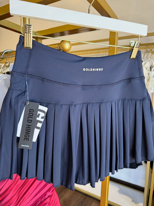 Additional view of the Gold Hinge pleated tennis skirt in Dark Navy