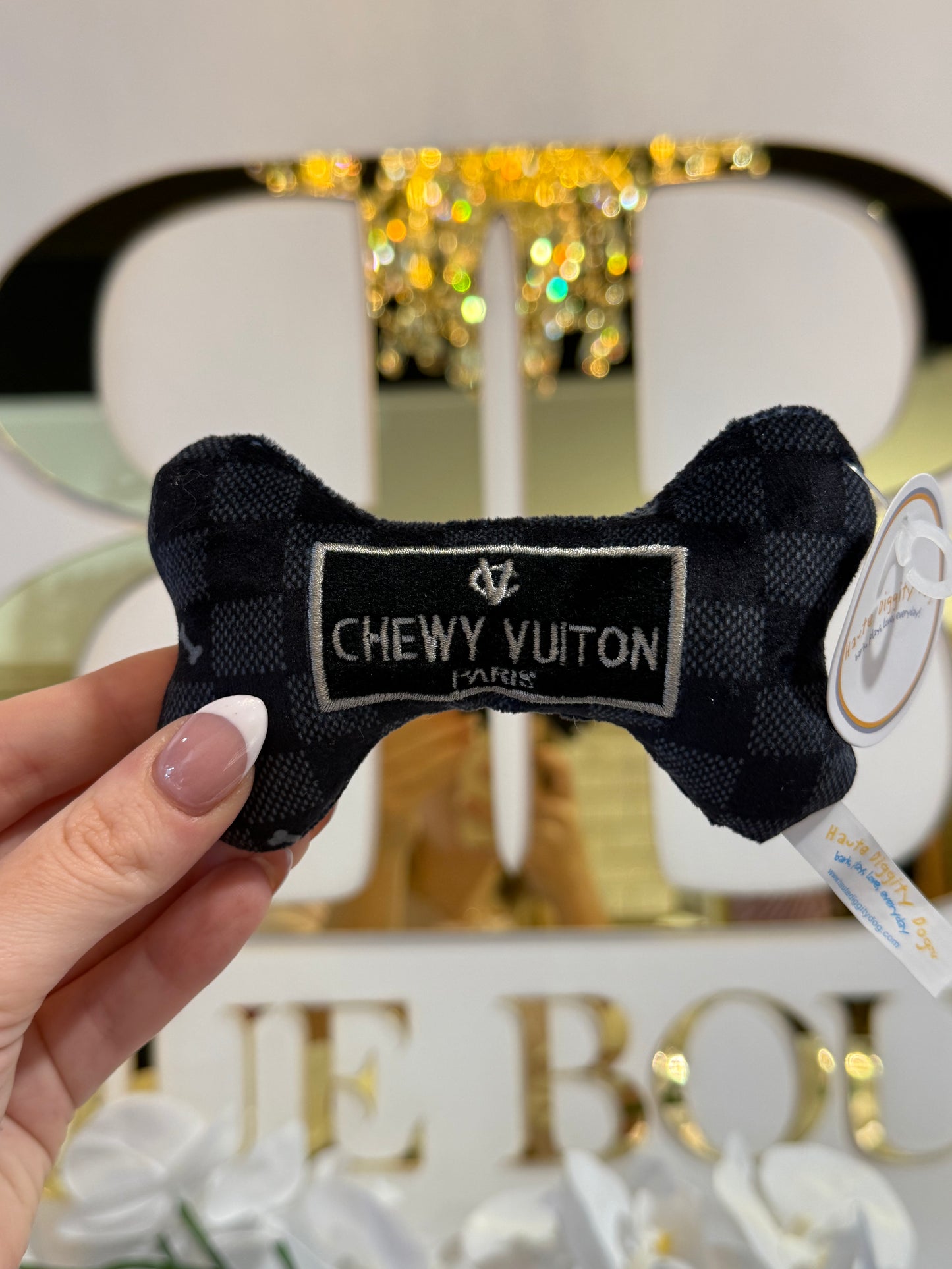 BOUTIQUE HAUTE DIGGITY DOG BLACK CHECKER CHEWY VUITON BONE IN HAND