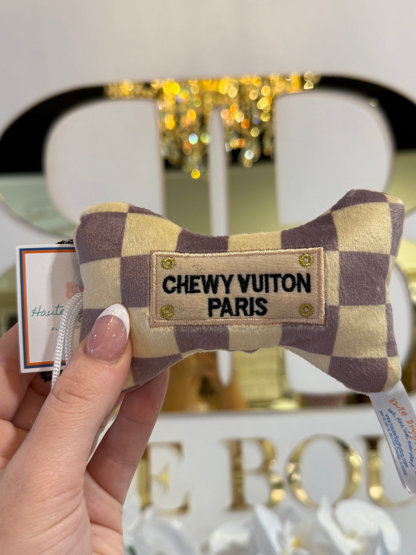 BOUTIQUE HAUTE DIGGITY DOG CHECKER CHEWY VUITON BONE IN HAND