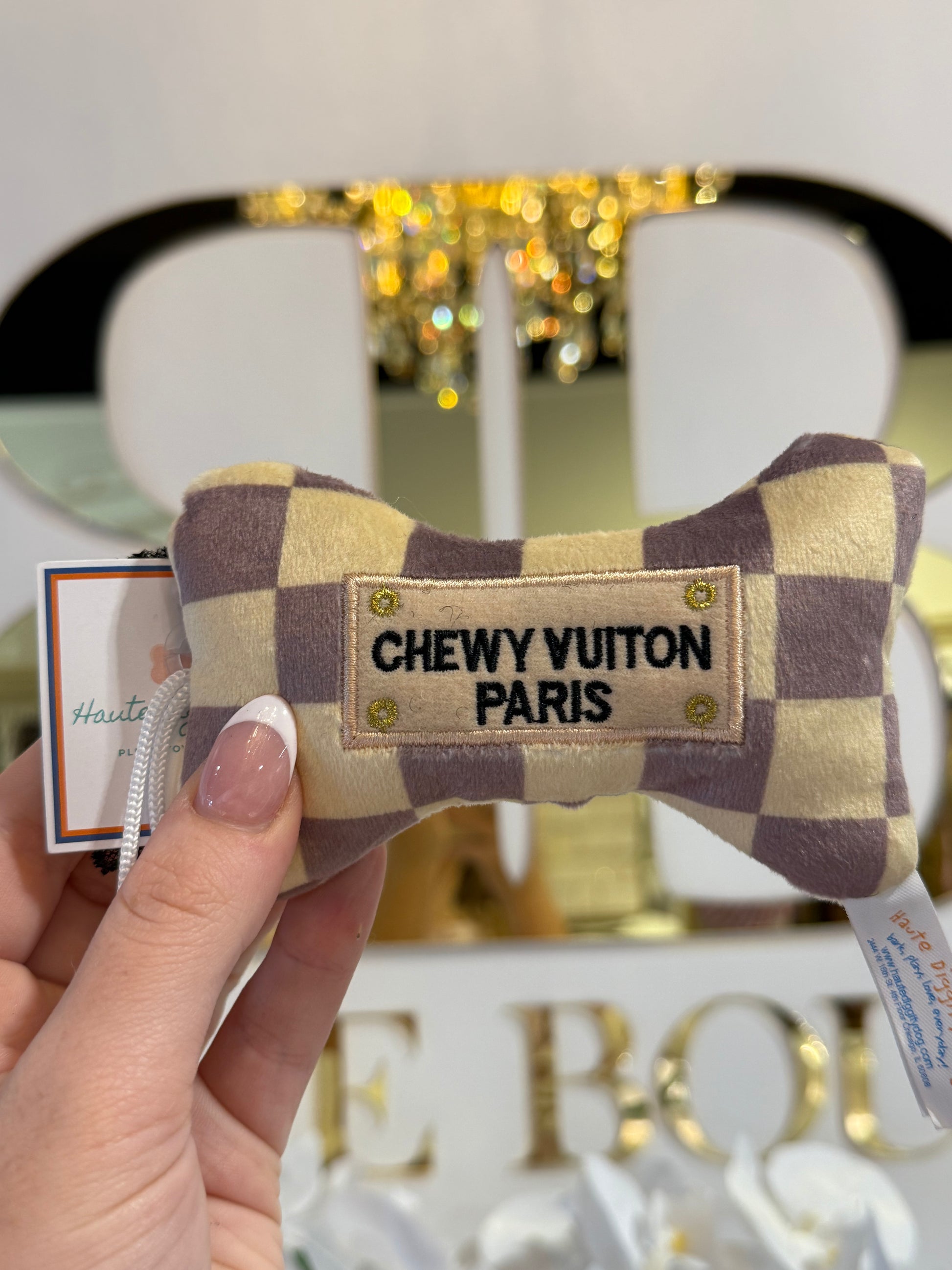 BOUTIQUE HAUTE DIGGITY DOG CHECKER CHEWY VUITON BONE IN HAND