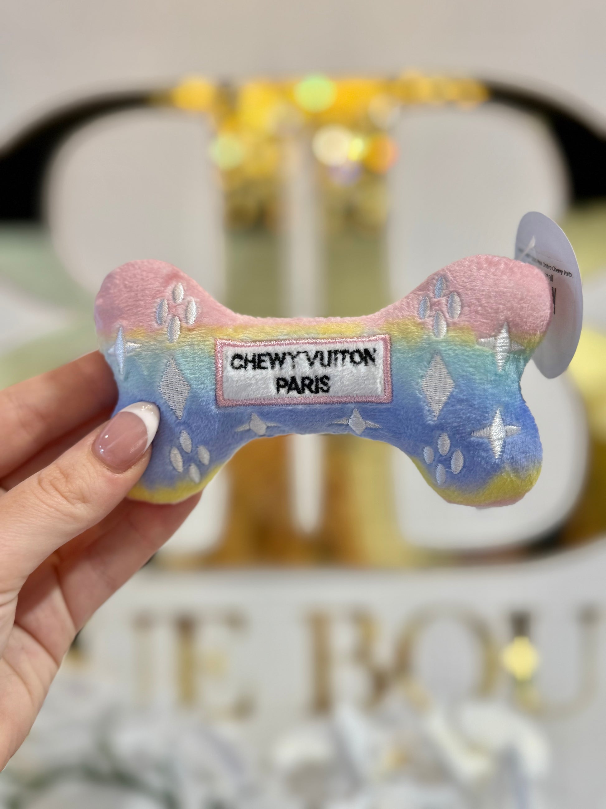 BOUTIQUE HAUTE DIGGITY DOG PINK OMBRE CHEWY VUITON BONE IN HAND